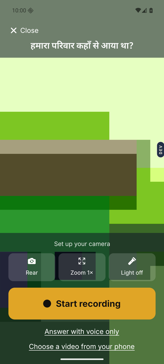 The camera screen before recording: the question at the top, a Start recording button, and the smaller links Answer with voice only and Choose a video from your phone.
