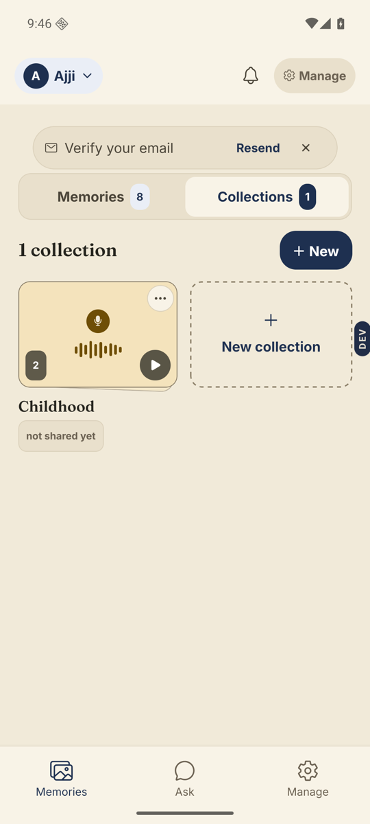 The Collections view with photo-stack cards and the + New button.