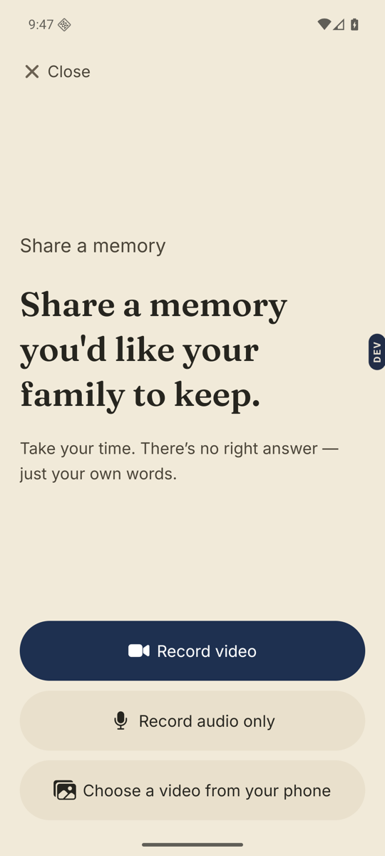 The Share a memory screen with Record video, Record audio only and Choose a video from your phone.