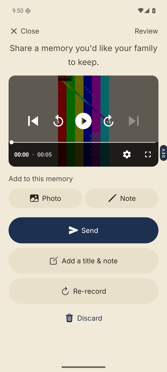 The Review screen with playback, the Photo and Note buttons, and Add a title & note.